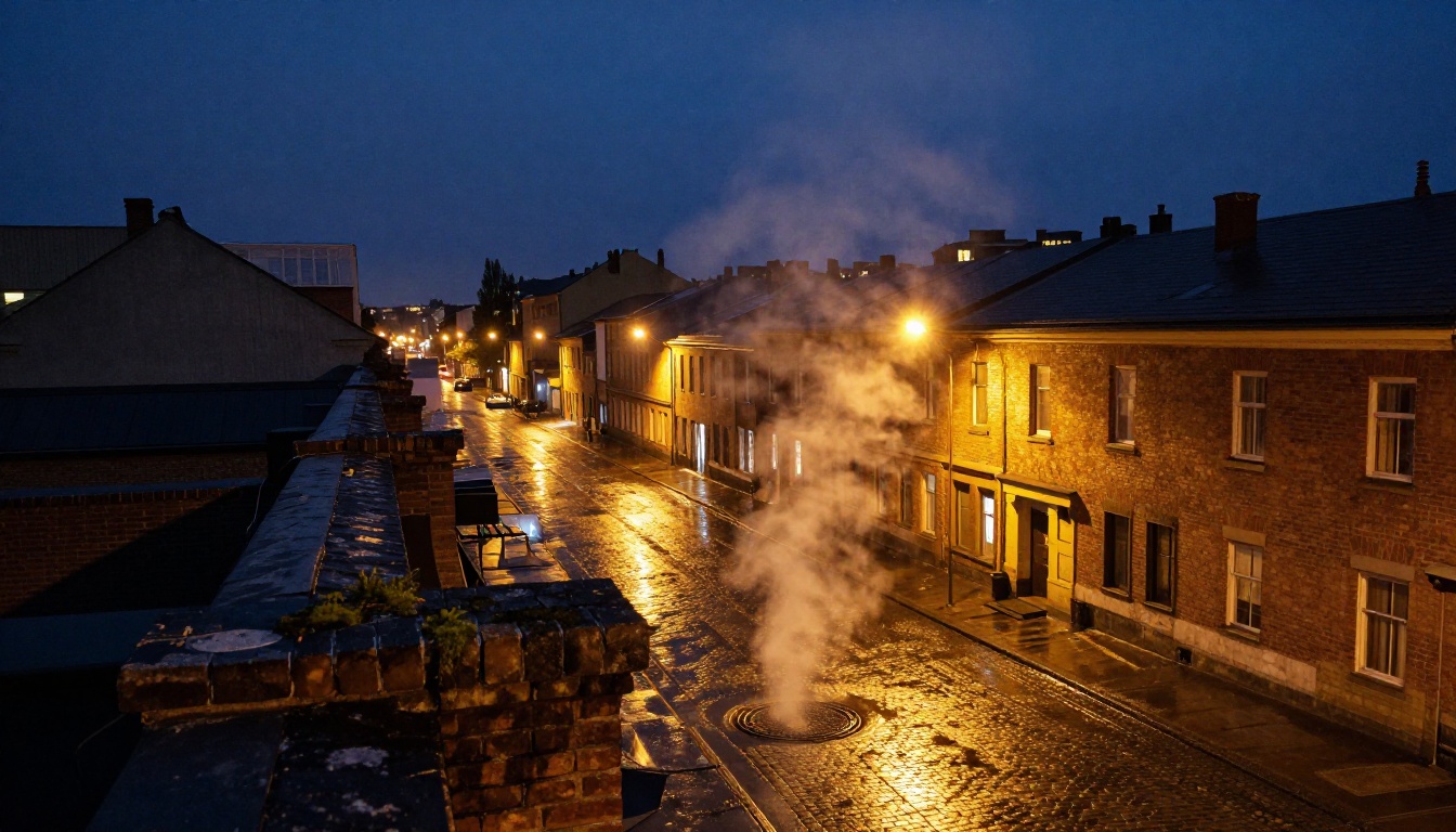 Photorealistic nighttime rooftop cityscape, wet cobblestones reflecting amber streetlights, steam from manhole cover, deep blue night sky with light pollution gradient, Kodak T-MAX grain Photorealistic nighttime rooftop cityscape, wet cobblestones reflecting amber streetlights, steam from manhole cover, deep blue night sky with light pollution gradient, Kodak T-MAX grain