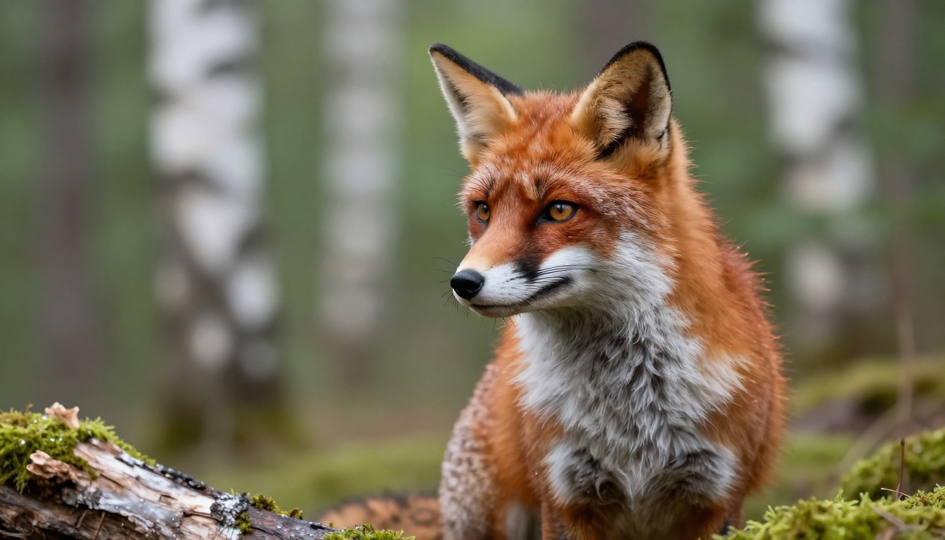 Close-up portrait of a red fox on a mossy forest log, dew on individual fur strands, amber eyes catching morning light, shallow depth of field, 400mm telephoto wildlife photography Close-up portrait of a red fox on a mossy forest log, dew on individual fur strands, amber eyes catching morning light, shallow depth of field, 400mm telephoto wildlife photography