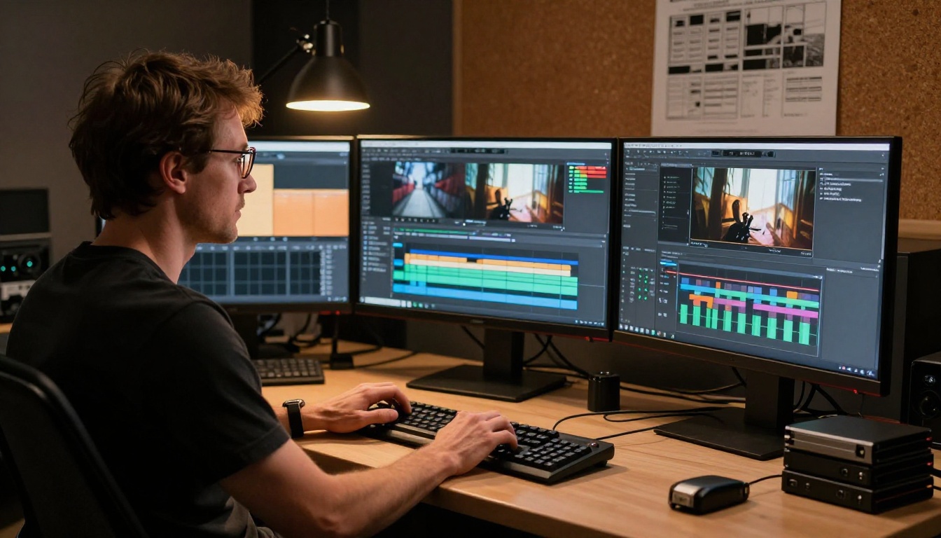Professional cinematographer at a post-production workstation with multiple monitors
