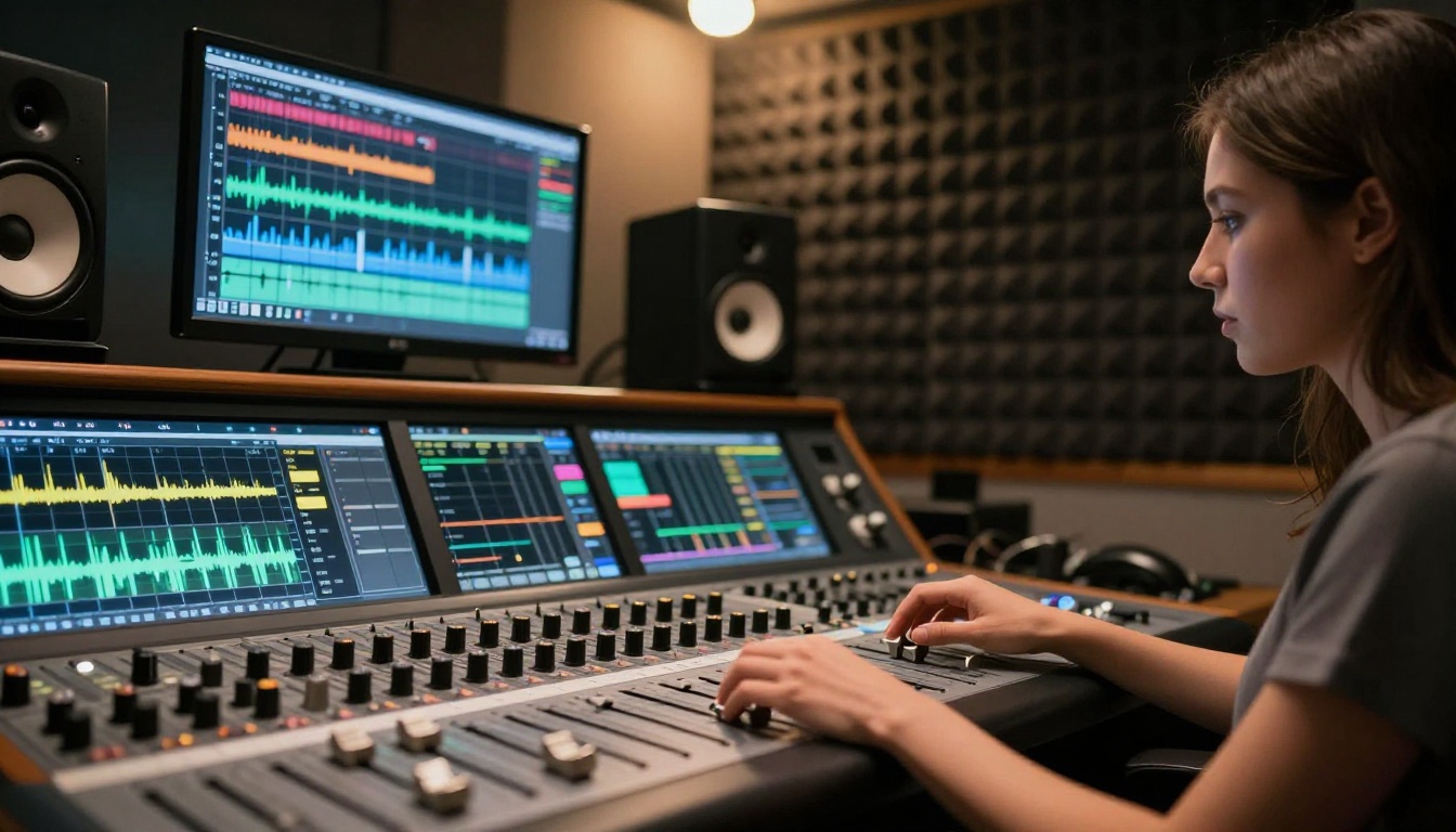 Female audio-video producer at a professional mixing console with synchronized audio waveforms on screen