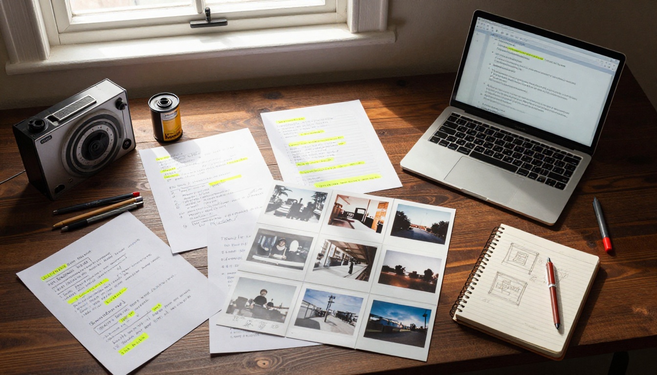 Overhead flat-lay of a filmmaker's desk with storyboard sketches, shot lists, polaroids, and a laptop