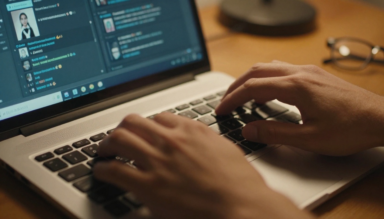 Close-up of hands typing on a mechanical keyboard with AI chat interfaces visible on a laptop screen in the background