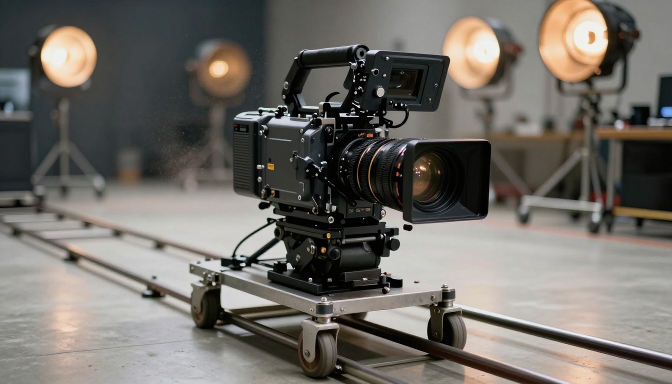 Low-angle view of a cinema camera sliding along a professional dolly track in a studio
