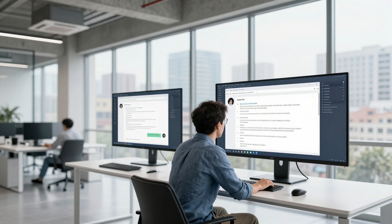 Professional man studying two AI chat conversation threads on dual curved monitors in a modern open-plan office with floor-to-ceiling city windows