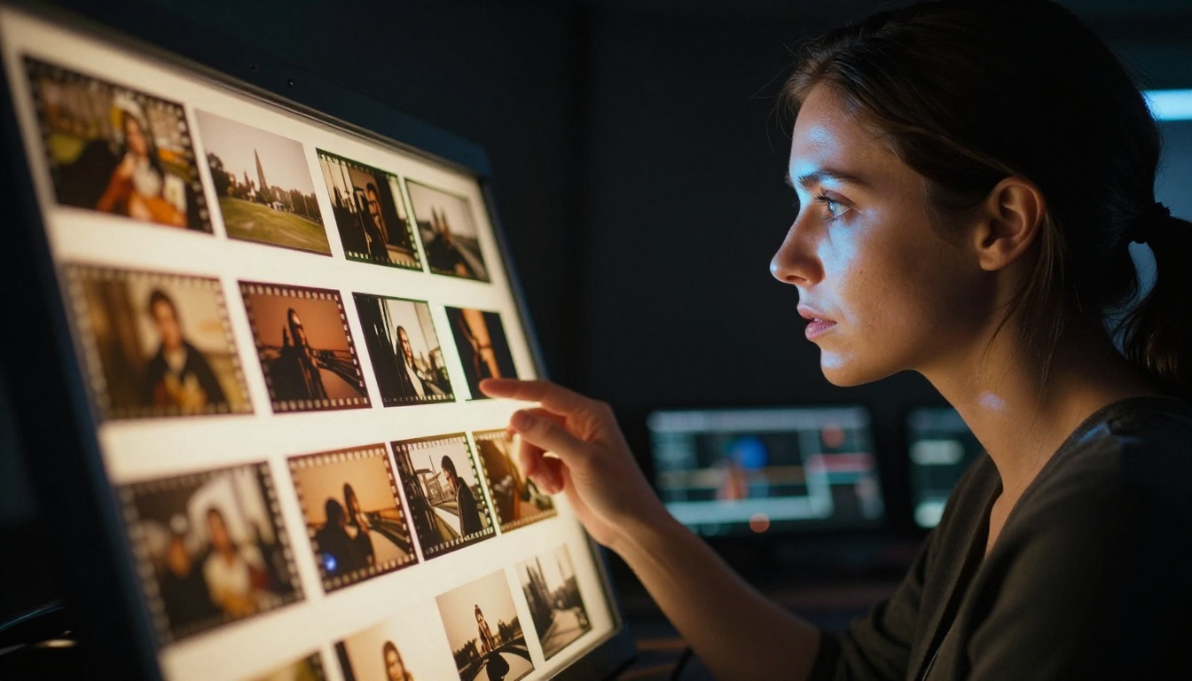 Female film editor closely reviewing printed film frames on a professional backlit lightboard