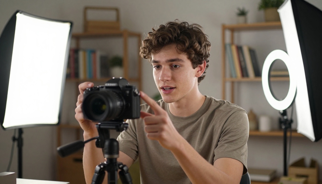 Young male content creator filming in a home studio with softbox lighting Young male content creator filming in a home studio with softbox lighting