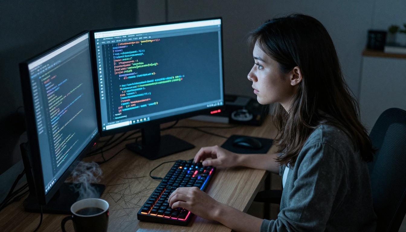 Young female developer in a darkened room lit by monitor glow working on AI-generated Python code on a dual-screen setup