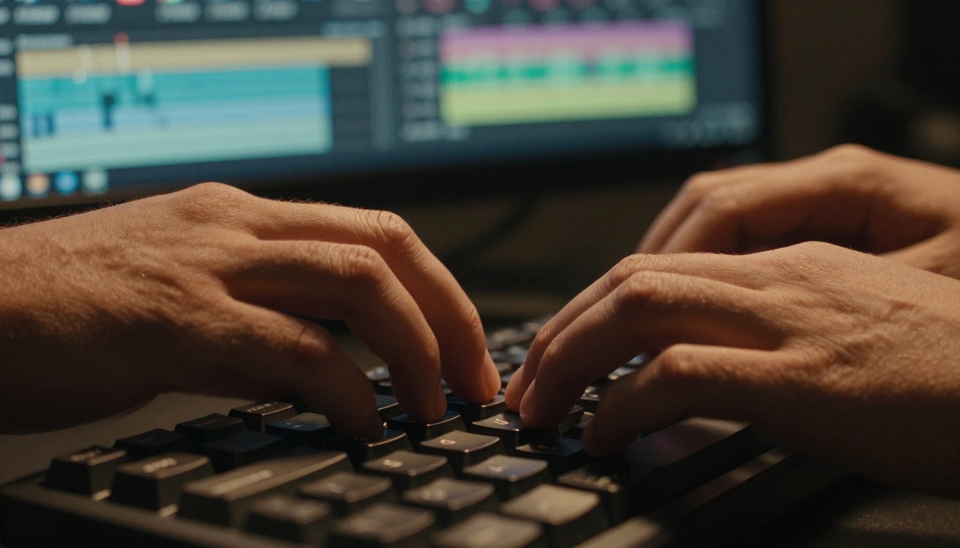 Close-up overhead view of hands typing on a mechanical keyboard with a video editing timeline blurred in the background Close-up overhead view of hands typing on a mechanical keyboard with a video editing timeline blurred in the background