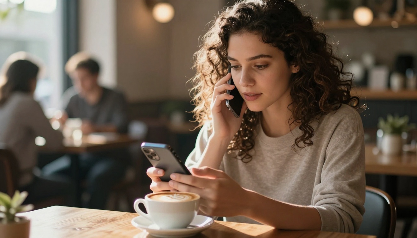 Woman in her late 20s reading an AI chat response on her smartphone at a sunlit café table with a cappuccino in the foreground
