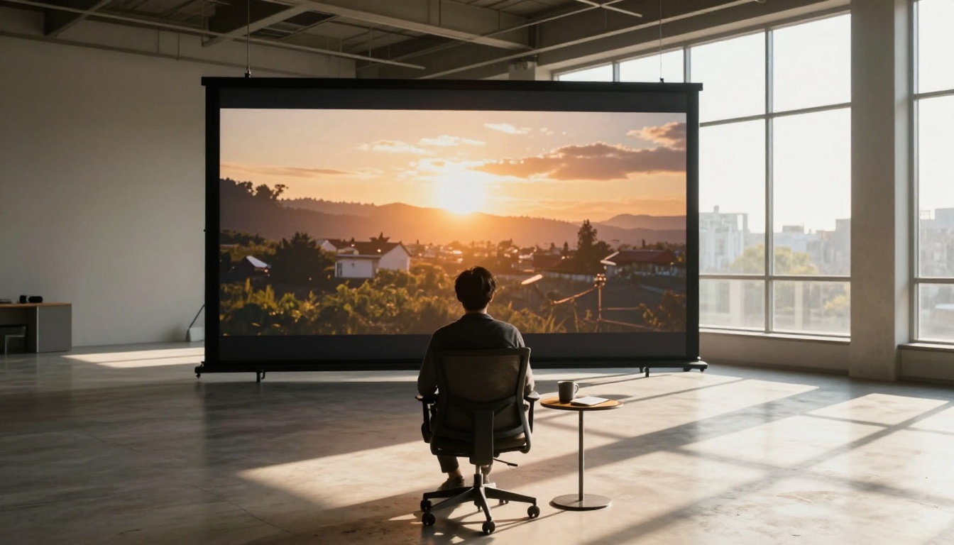 Filmmaker sitting in a bright studio space watching rendered cinematic video on a large screen Filmmaker sitting in a bright studio space watching rendered cinematic video on a large screen