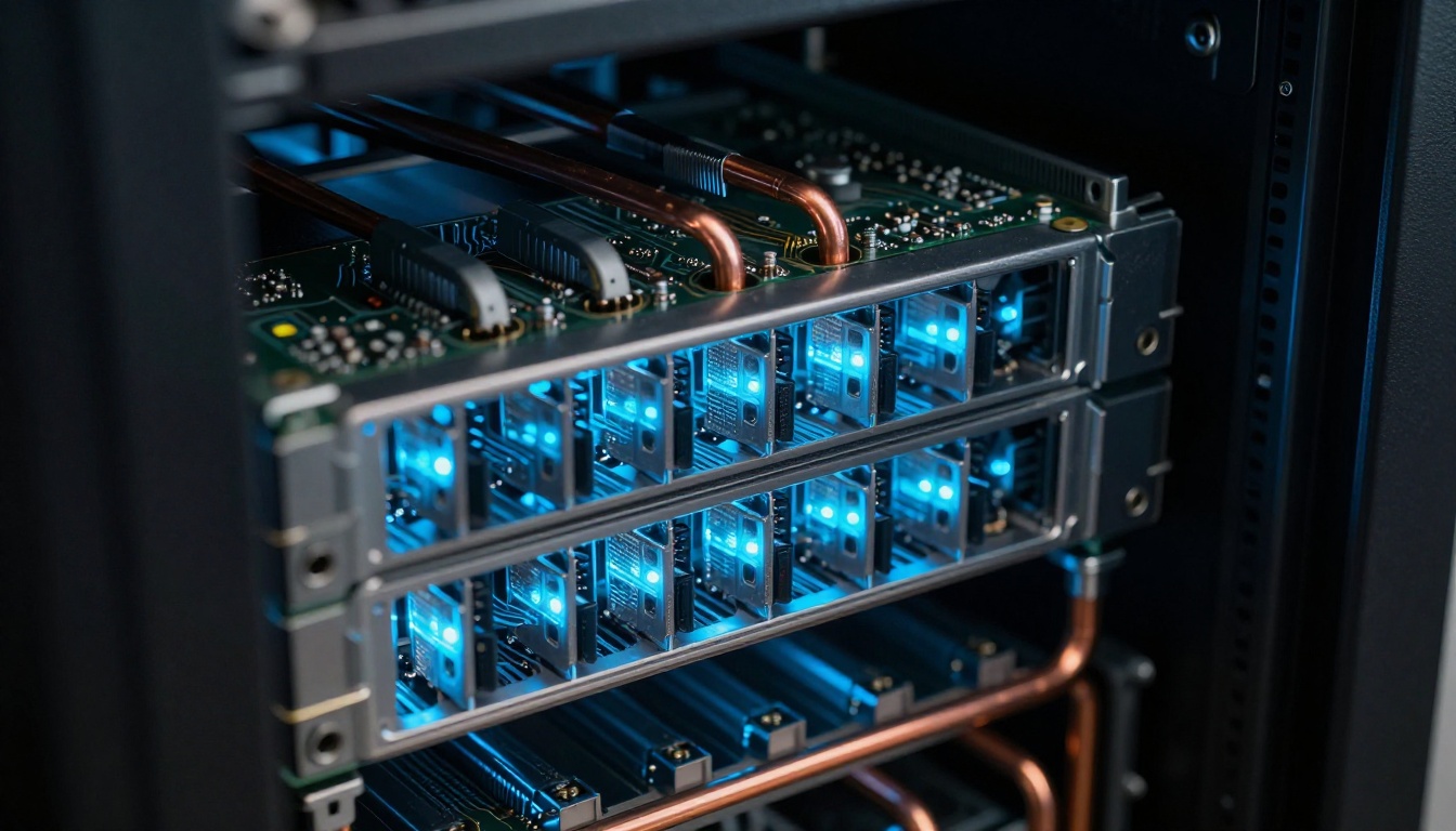 Close-up macro photograph of a modern server rack interior showing circuit board traces, copper cooling pipes, and aluminum heat sinks with cool LED light seeping through ventilation slots
