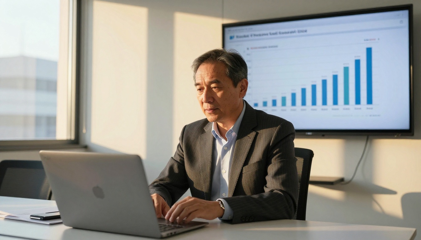 Business analyst in his 40s reviewing AI benchmark comparison charts projected on a large screen in a glass-walled conference room