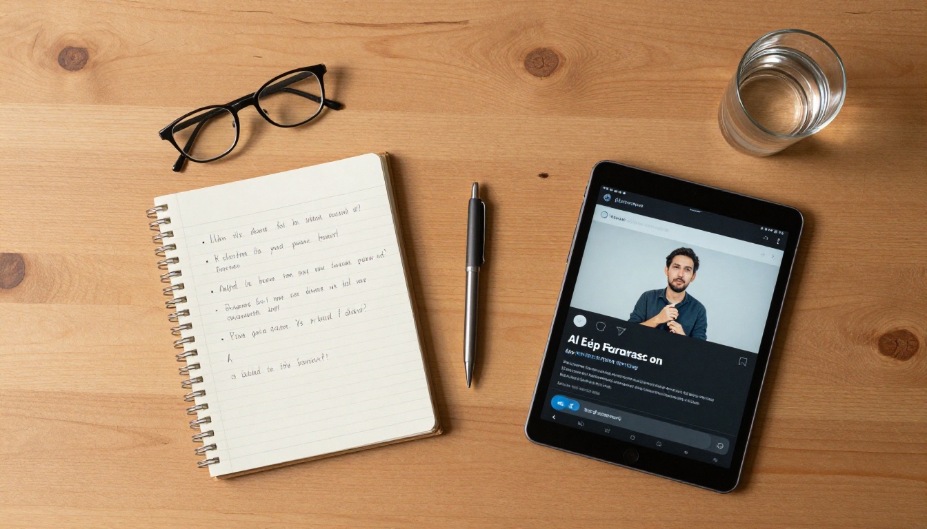 Overhead aerial flat-lay of a wooden desk with a tablet showing an AI conversation, handwritten notes on a notepad, reading glasses, and a pen in natural noon light