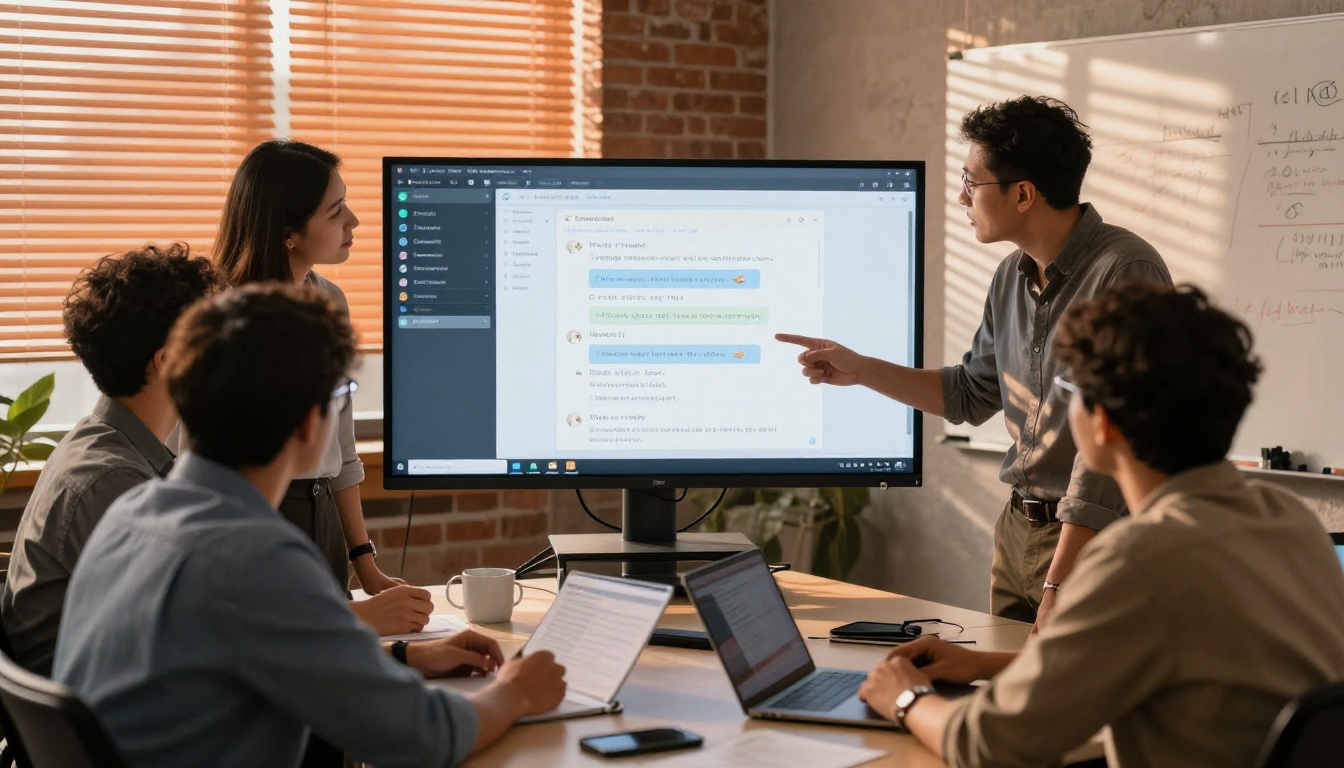 Diverse team of three professionals gathered around a large touchscreen showing an AI chat thread, discussing the output in a startup brainstorming room with exposed brick walls