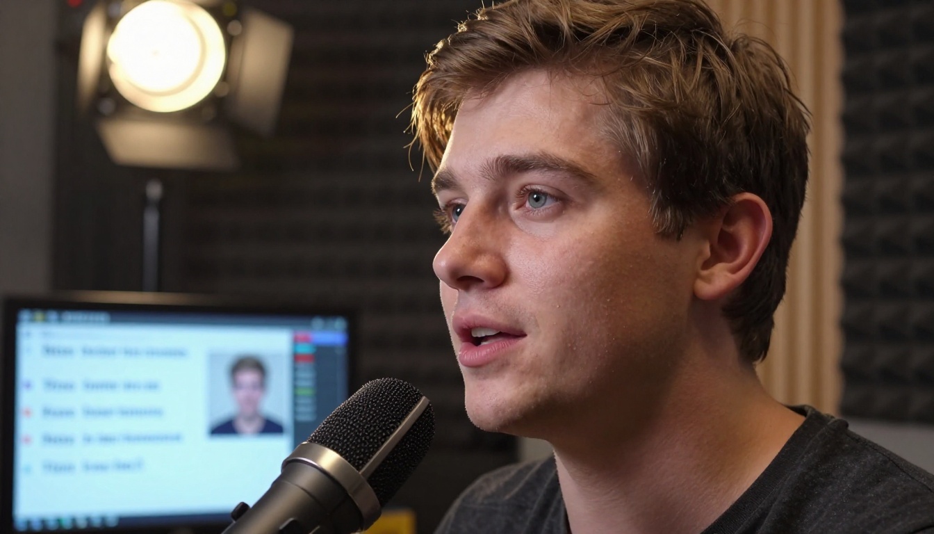 Young man speaking into a studio microphone on his desk while watching live AI speech-to-text transcription appear on a monitor, warm directional studio light highlighting natural skin texture