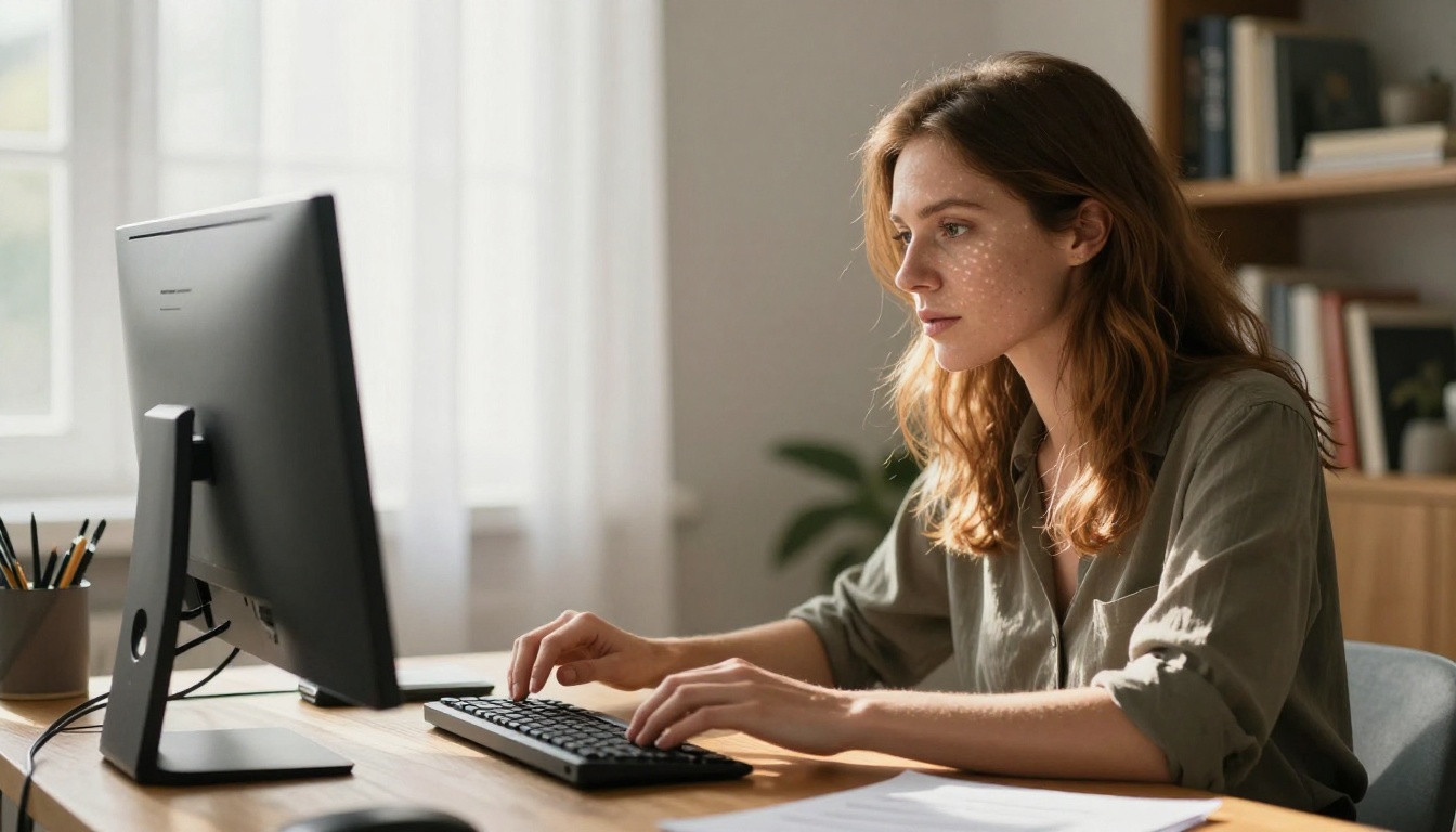 Woman reviewing AI output on dual monitors in a home office