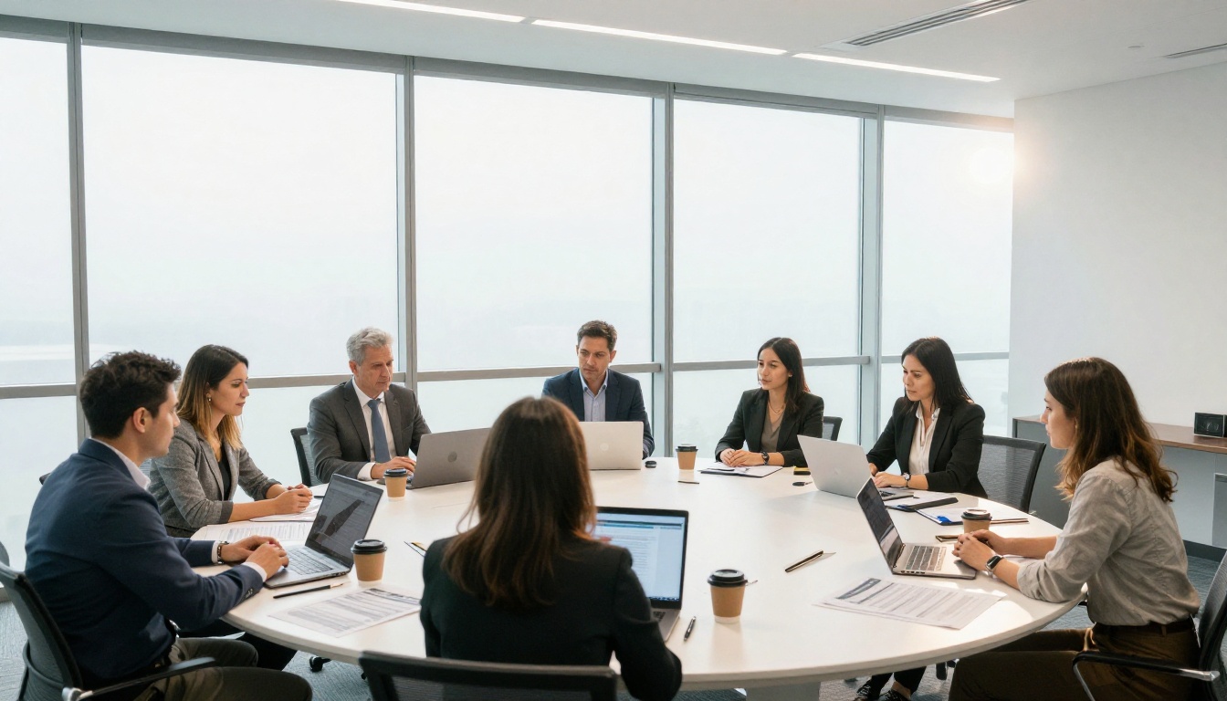 Corporate team meeting around a table from overhead