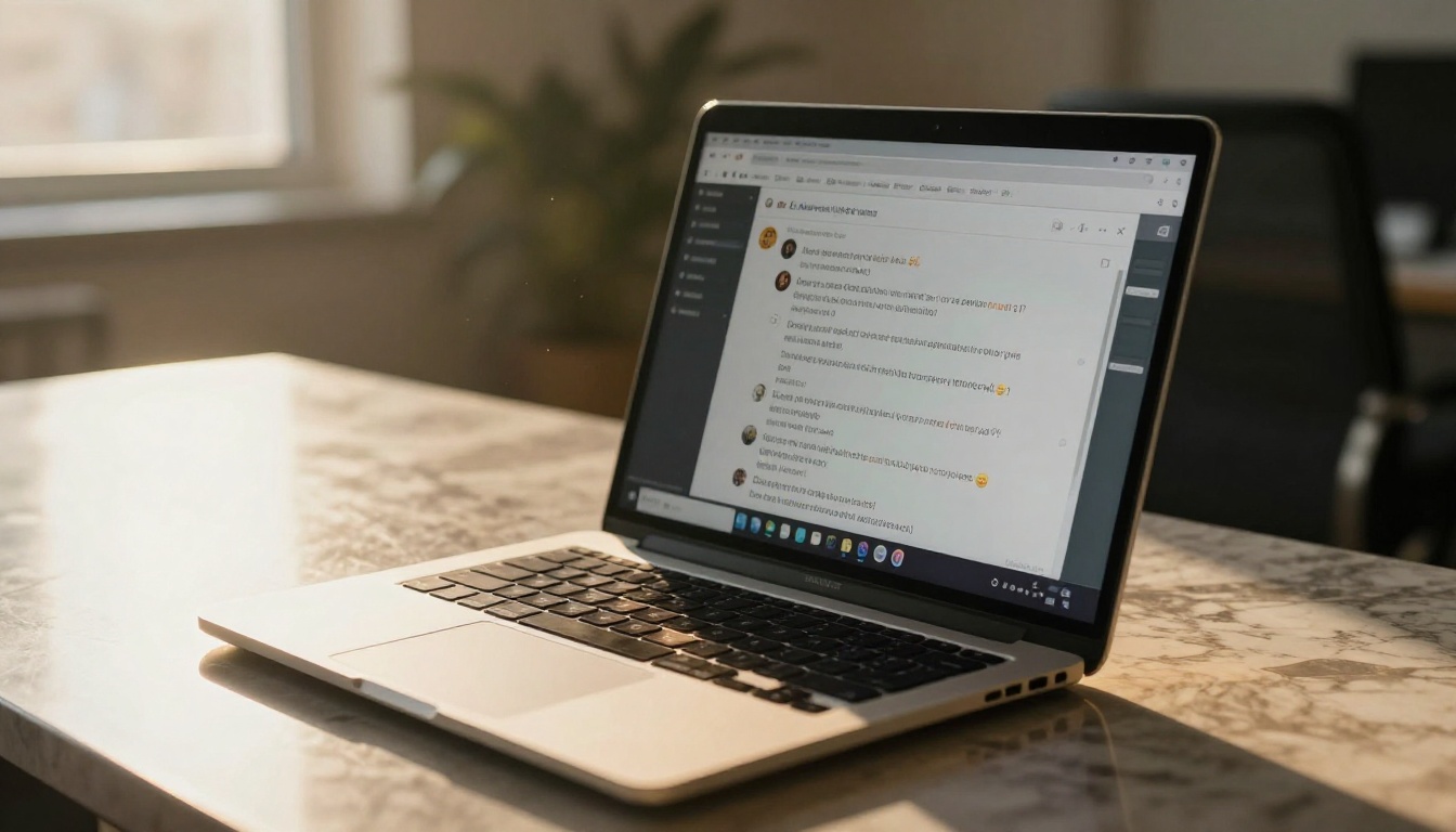 Laptop screen showing AI chat interface on marble desk