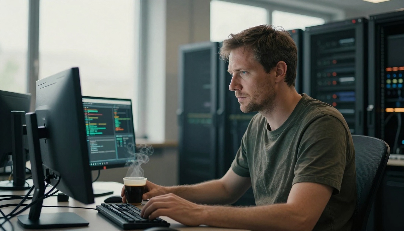 Developer working at standing desk with multiple monitors