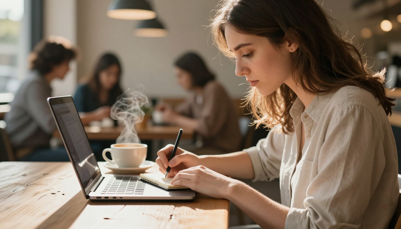 Woman writing in notebook beside laptop in a modern cafe workspace