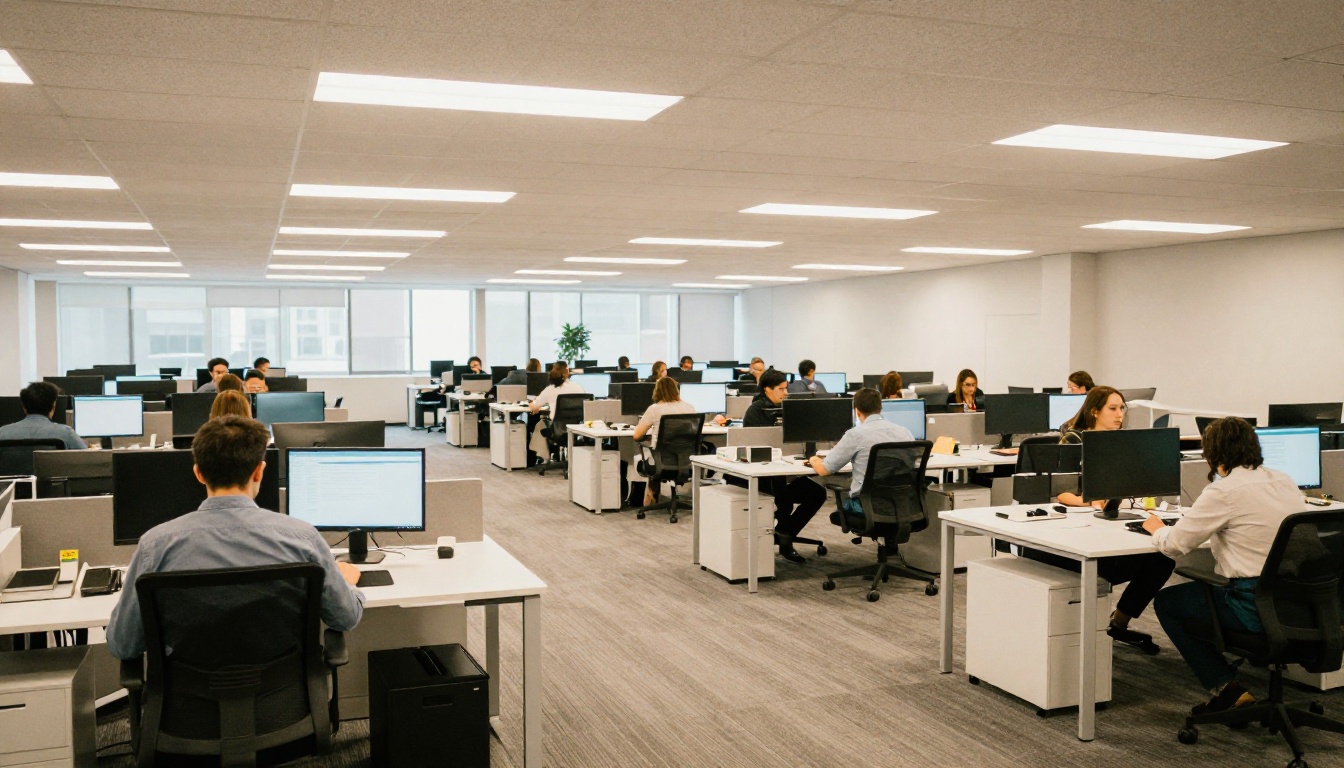 Open office floor with employees at standing desks