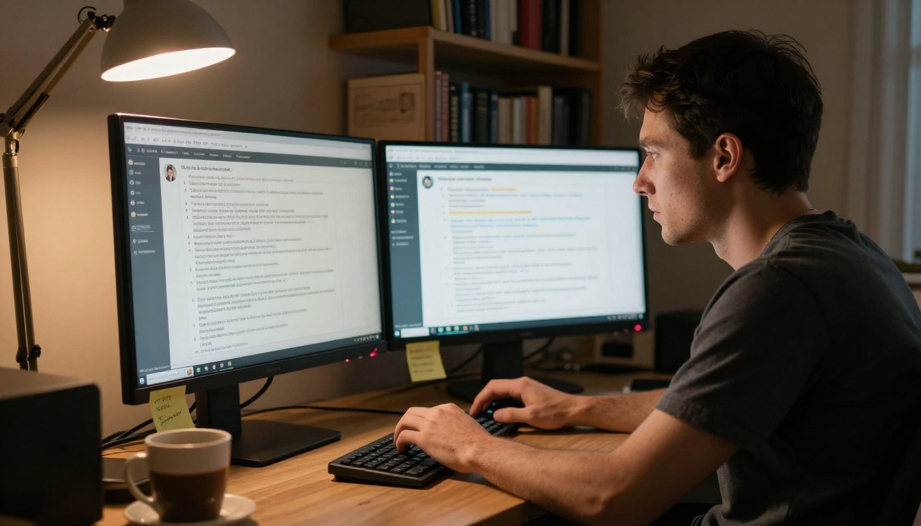 Developer comparing two AI models on dual monitors