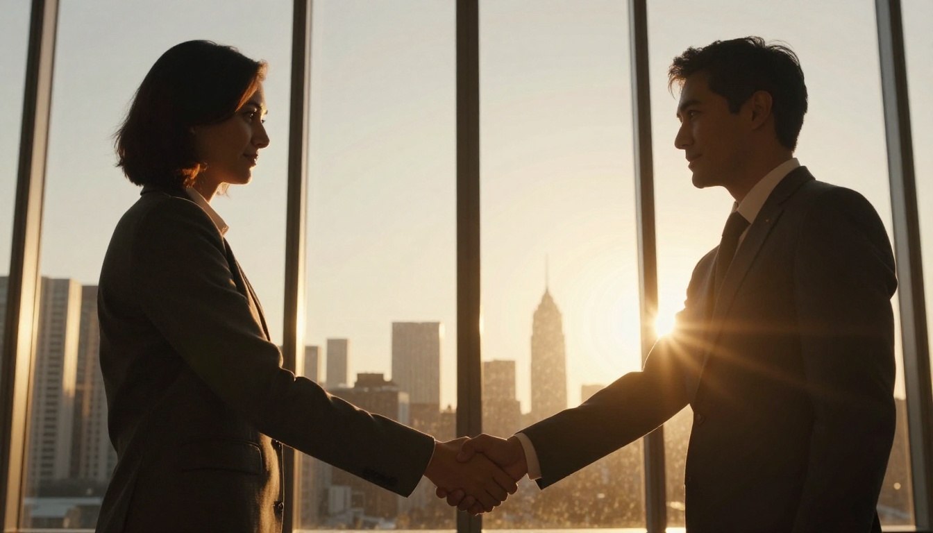 Two professionals shaking hands in front of city skyline windows