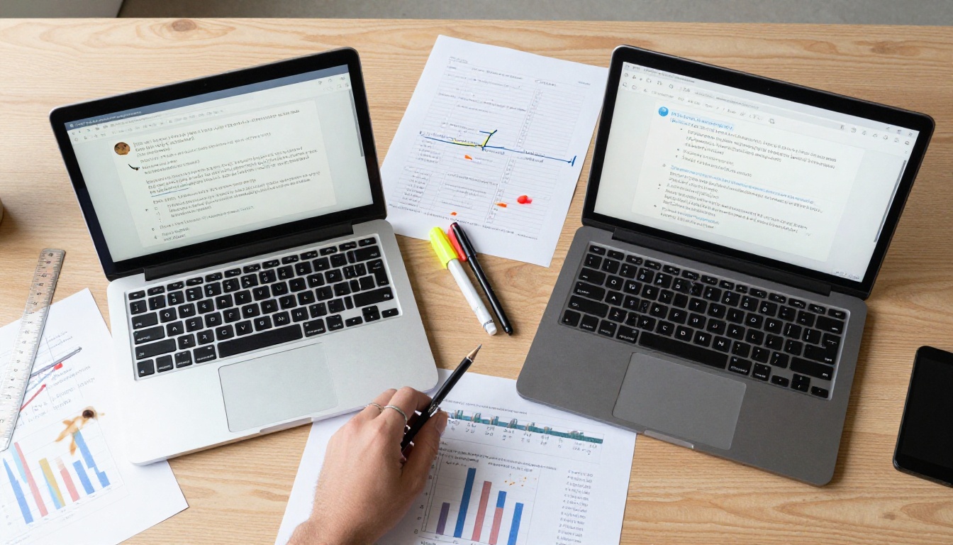 Benchmark comparison documents spread across a desk