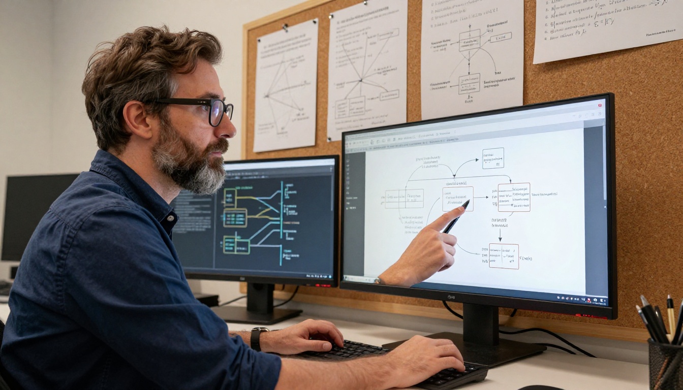 Data scientist reviewing AI reasoning benchmarks on a cork board