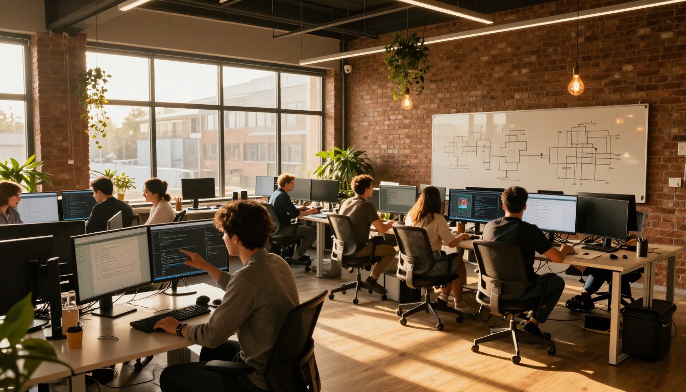 Tech startup team gathered around a monitor using AI tools