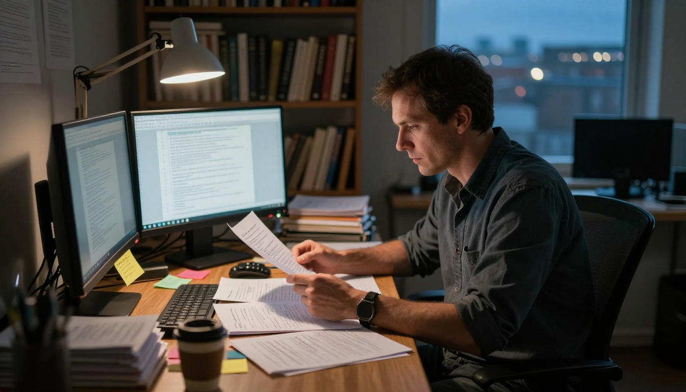 Researcher working at triple-monitor workstation surrounded by documents analyzing long AI outputs at dusk