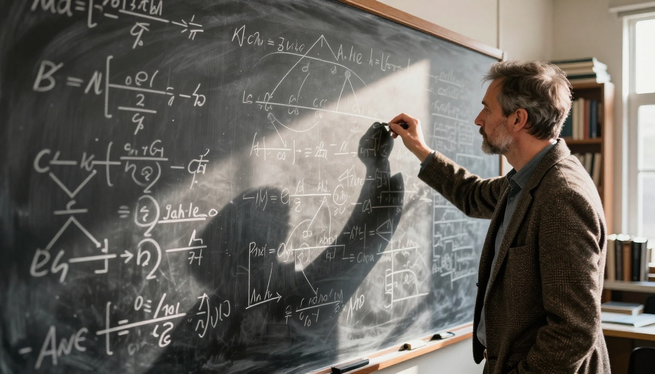 Male mathematician working at chalkboard covered in complex equations and logical trees in academic office
