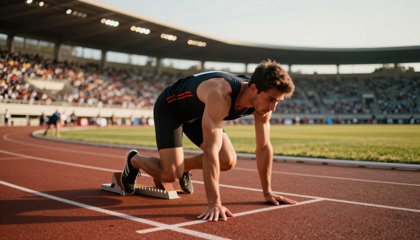 Professional sprinter in explosive starting position on athletics track photographed from ground level