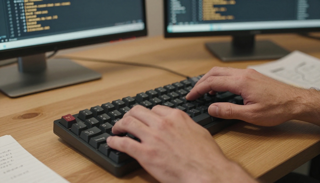 Close-up of developer hands typing on mechanical keyboard with code editor visible in the background
