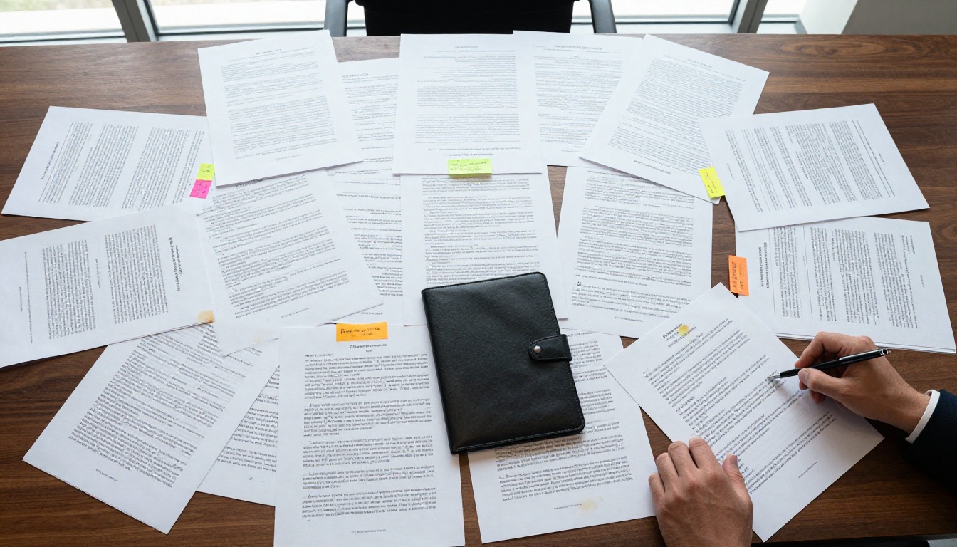 Aerial overhead view of conference table covered in research papers, legal documents, and highlighted reports