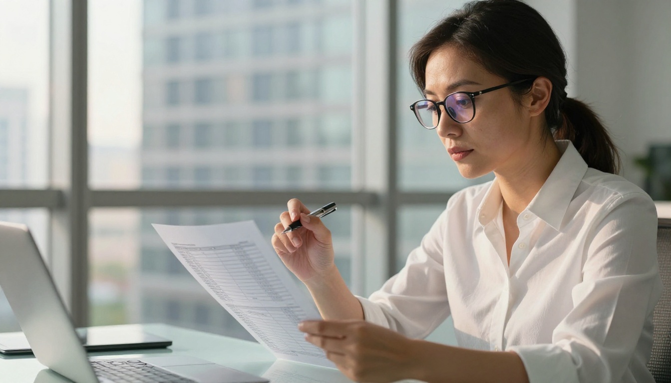 Female financial analyst reviewing printed spreadsheets comparing figures in a professional glass-walled office