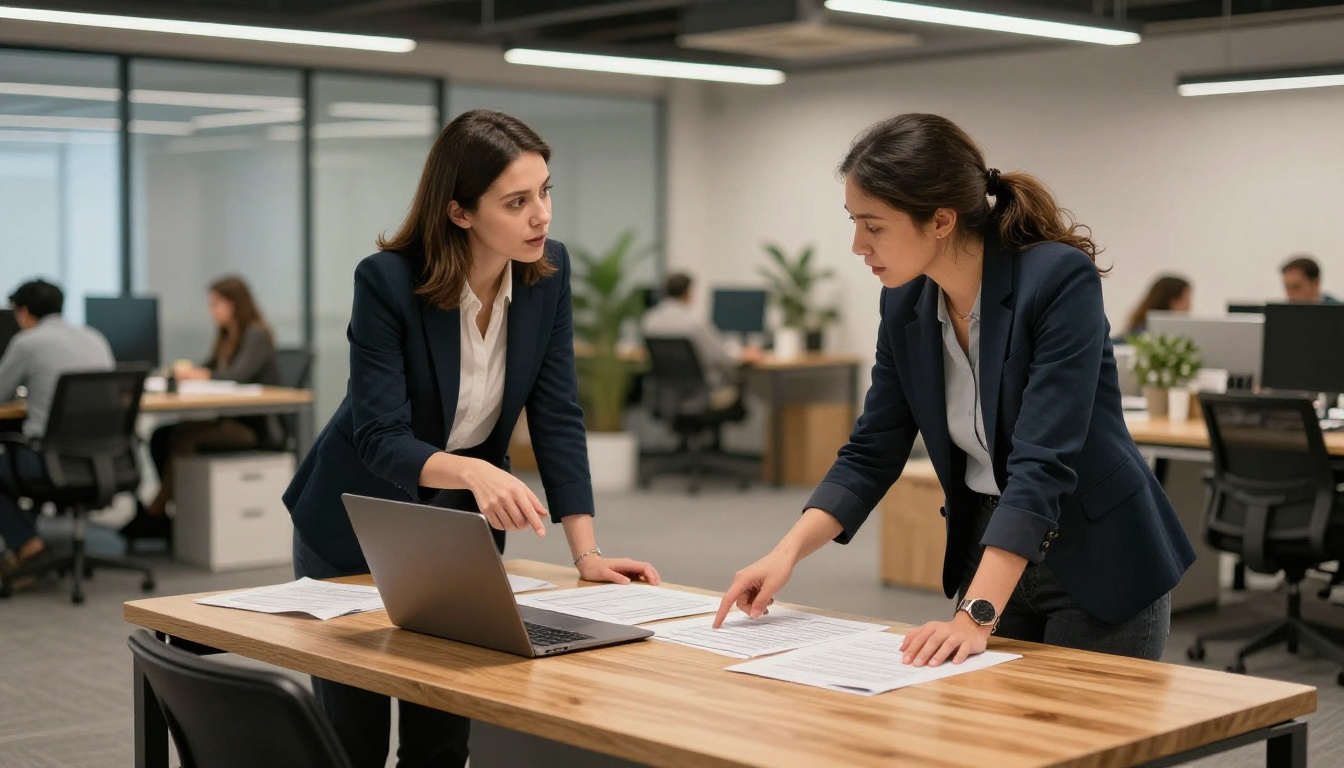Two professional colleagues discussing and pointing at documents at a modern standing desk in an open-plan office