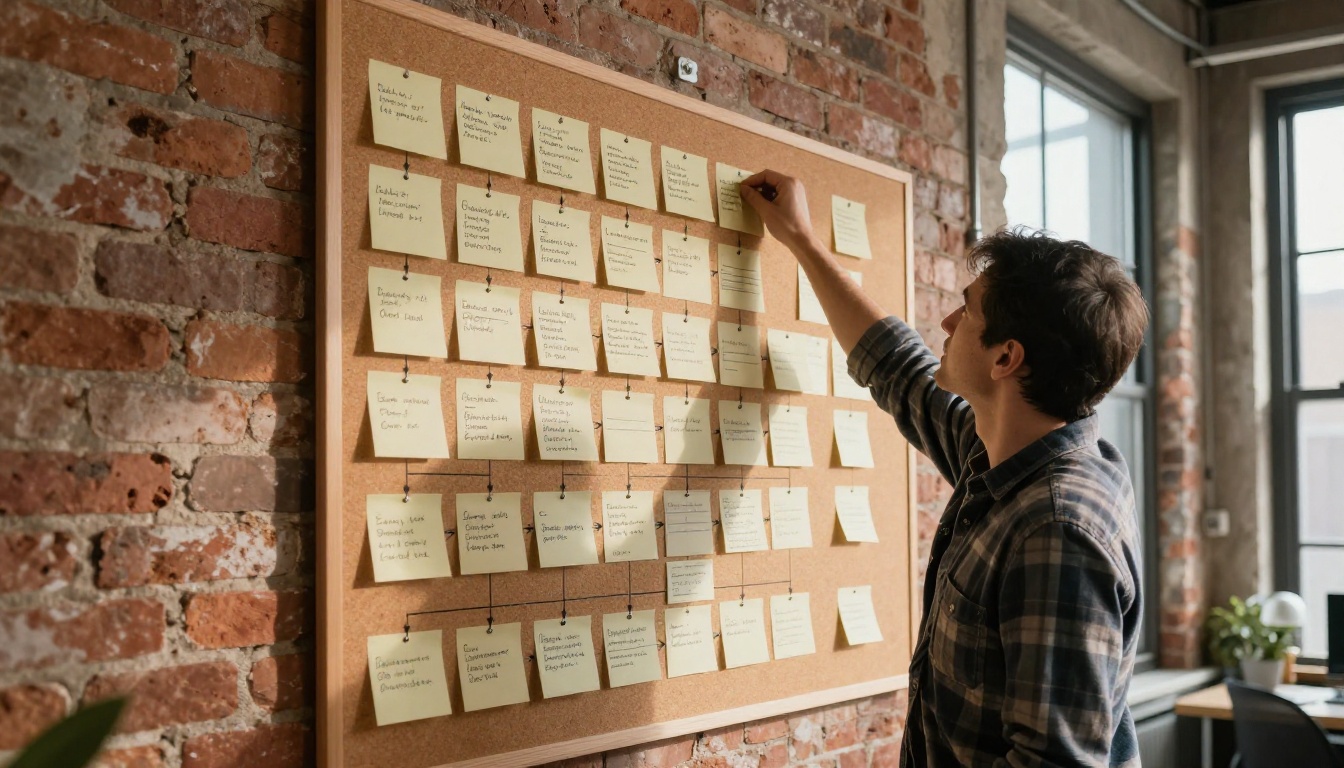 Software engineer rearranging sticky notes on a cork workflow board in an industrial office with exposed brick walls
