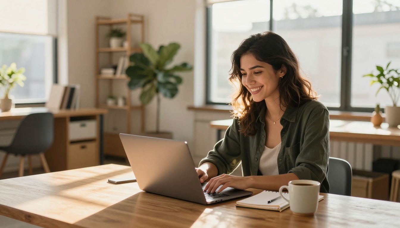 Professional young woman smiling at her laptop in a bright creative workspace flooded with warm afternoon sunlight