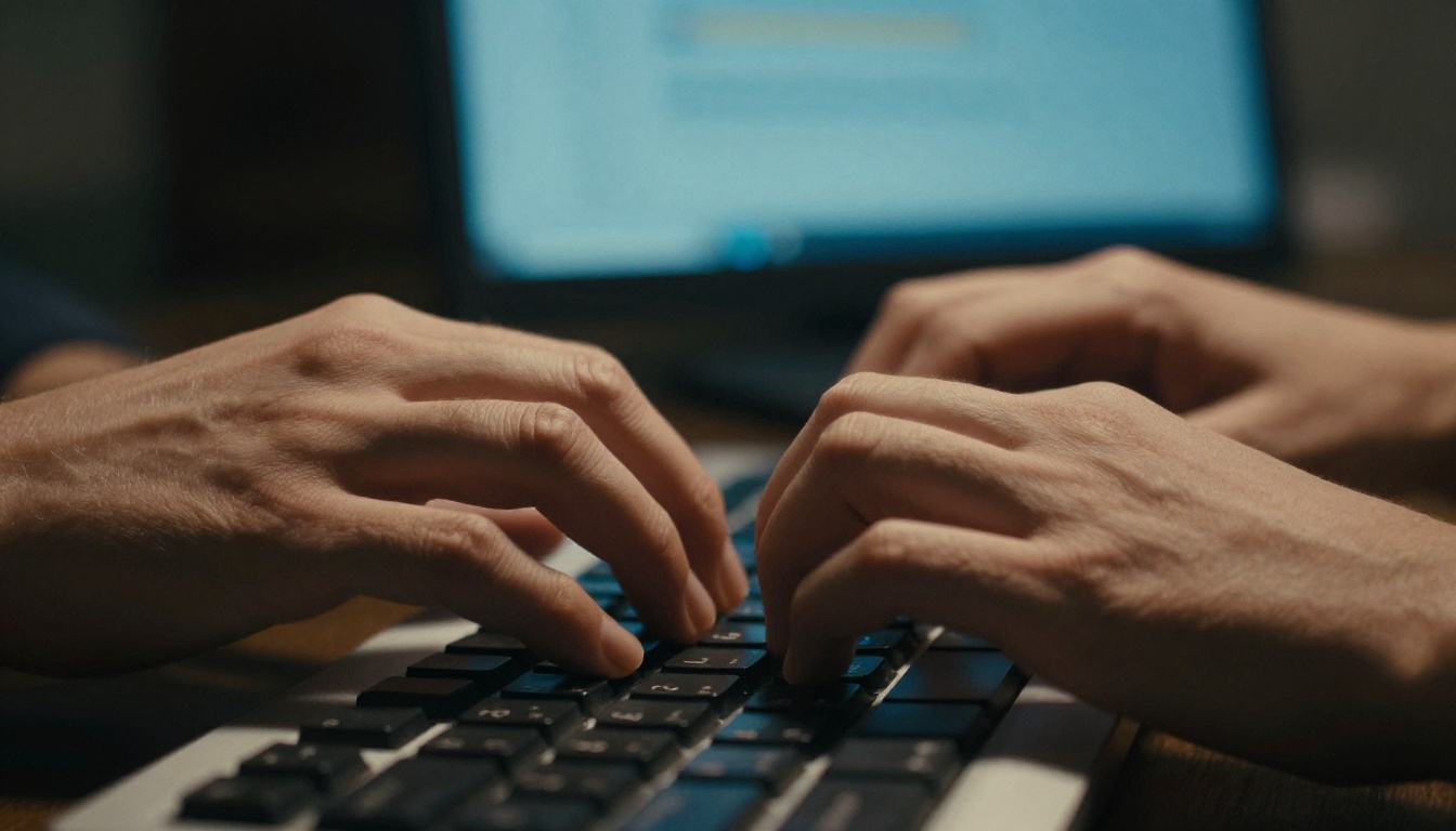 Fingers typing fast on mechanical keyboard with motion blur and soft blue screen glow