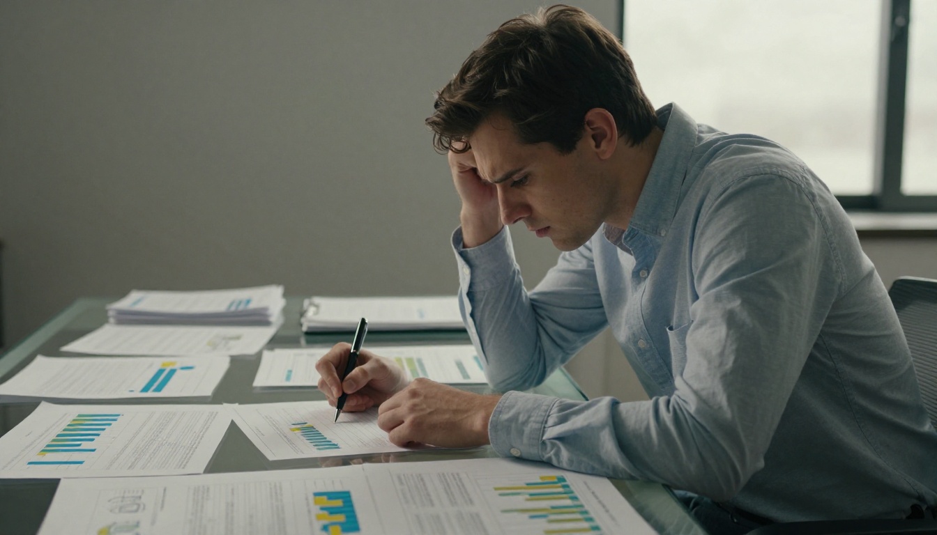 Young professional man leaning over glass desk covered in printed analytical reports in concentration