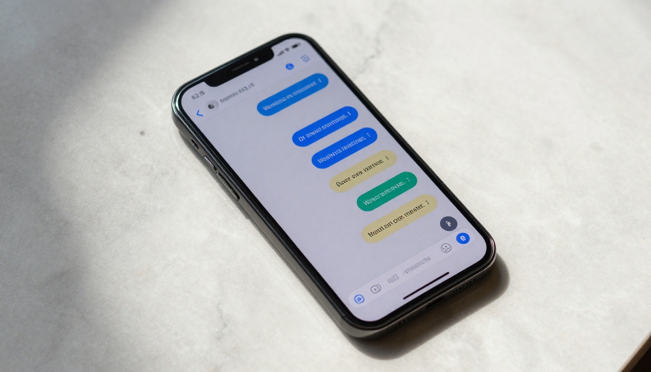 Overhead shot of smartphone on marble showing AI chat interface with text loading