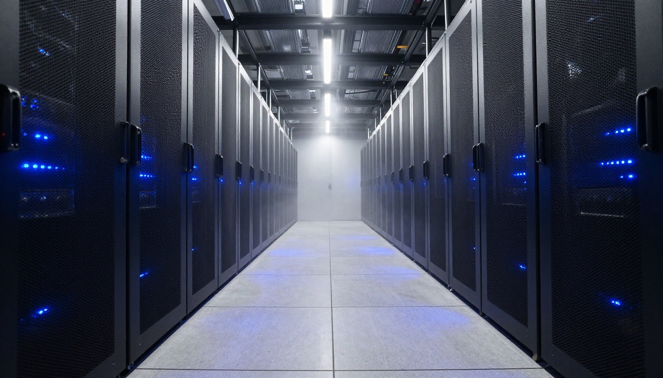 Low-angle shot of server room corridor with blue LED rack lights stretching into perspective