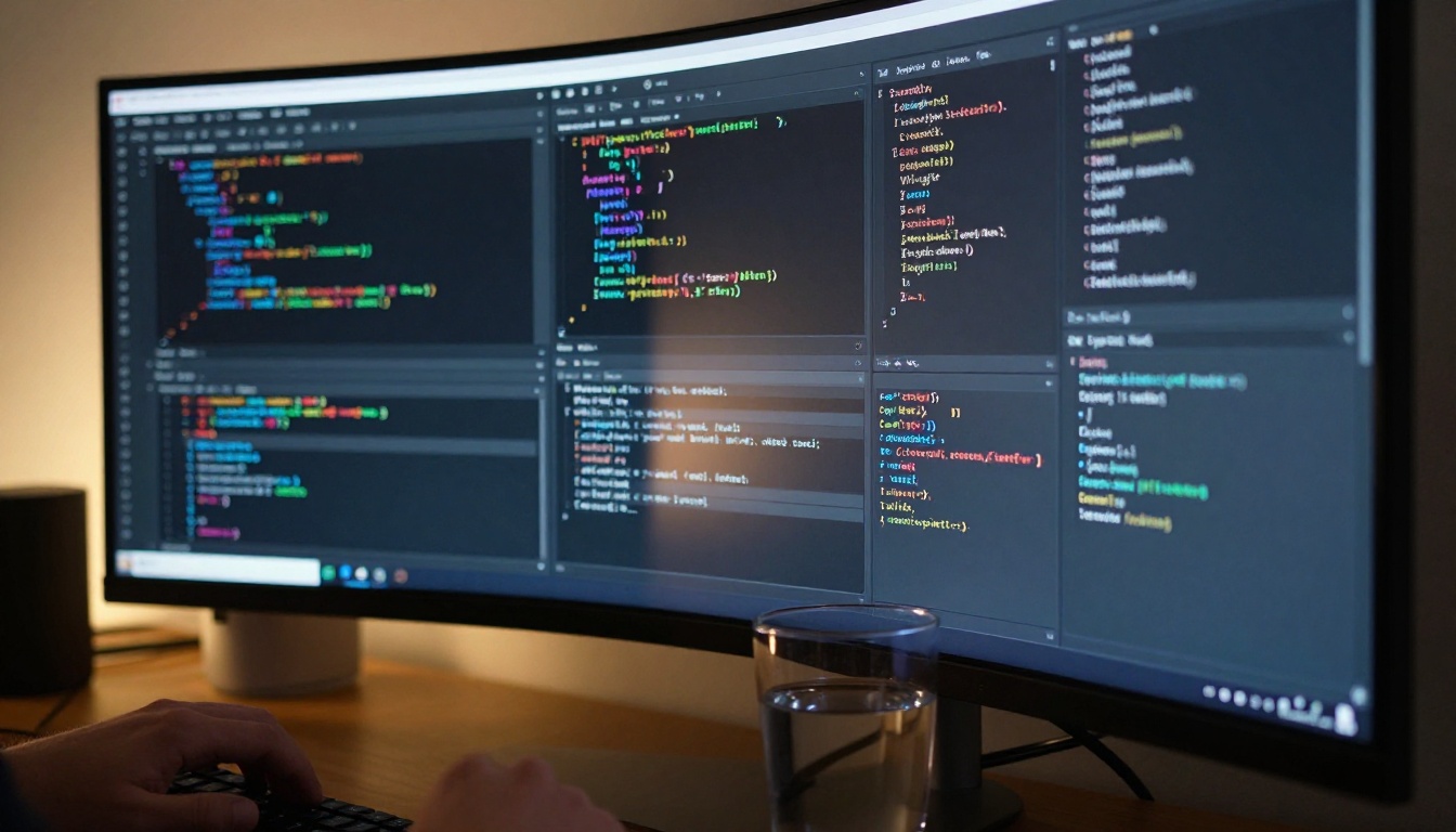 Close-up of ultrawide monitor showing syntax-highlighted code in dark IDE with desk lamp light from left