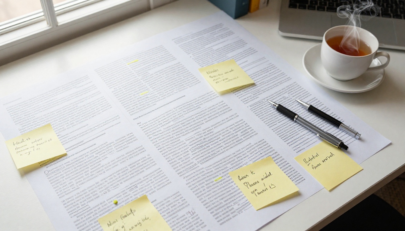 Flat lay overhead view of long research document with sticky notes and handwritten annotations on desk Flat lay overhead view of long research document with sticky notes and handwritten annotations on desk