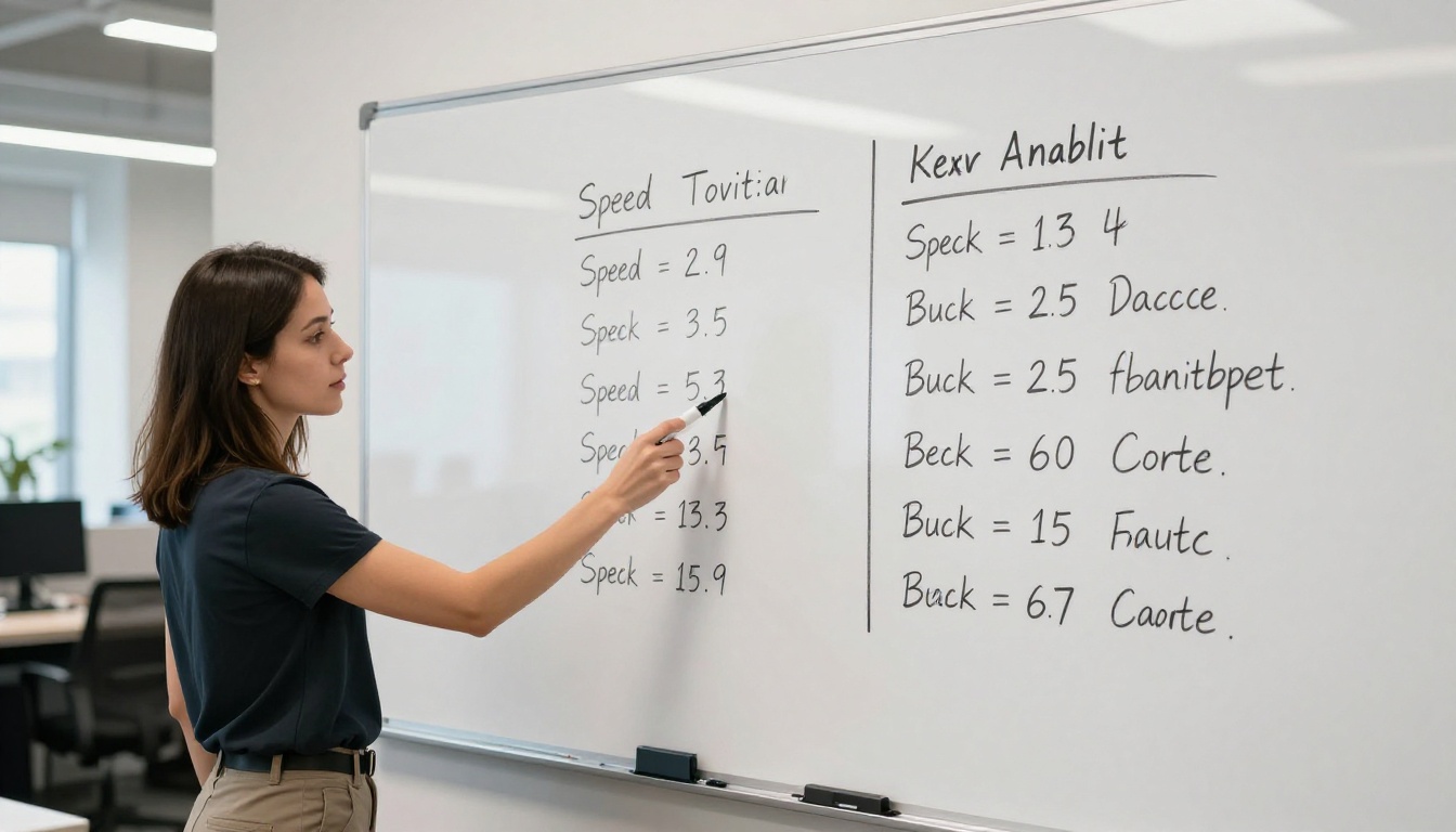 Woman standing at whiteboard with hand-drawn comparison table in two columns Woman standing at whiteboard with hand-drawn comparison table in two columns