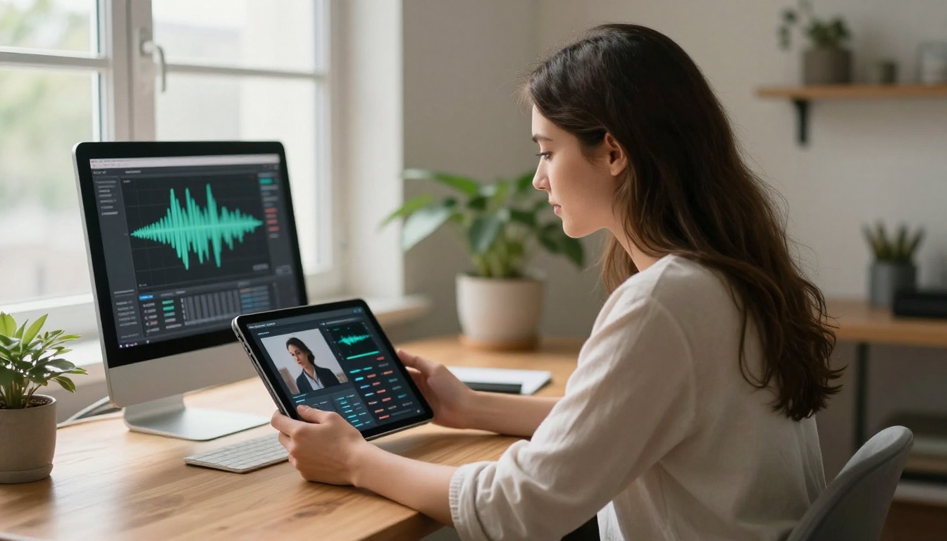 Woman holding tablet with AI interface showing voice waveform and image analysis in morning light Woman holding tablet with AI interface showing voice waveform and image analysis in morning light