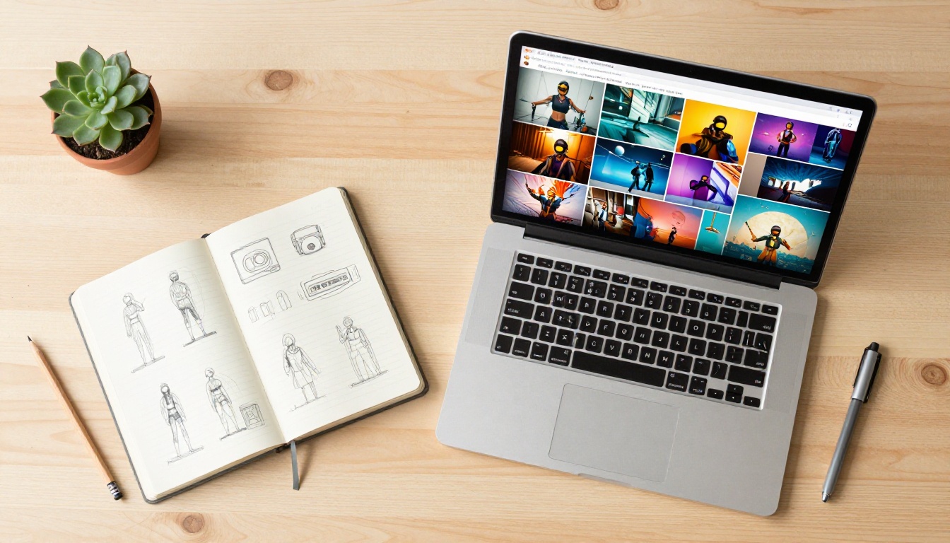 Creative workspace flat lay with open laptop showing AI-generated image grid and sketchbook Creative workspace flat lay with open laptop showing AI-generated image grid and sketchbook