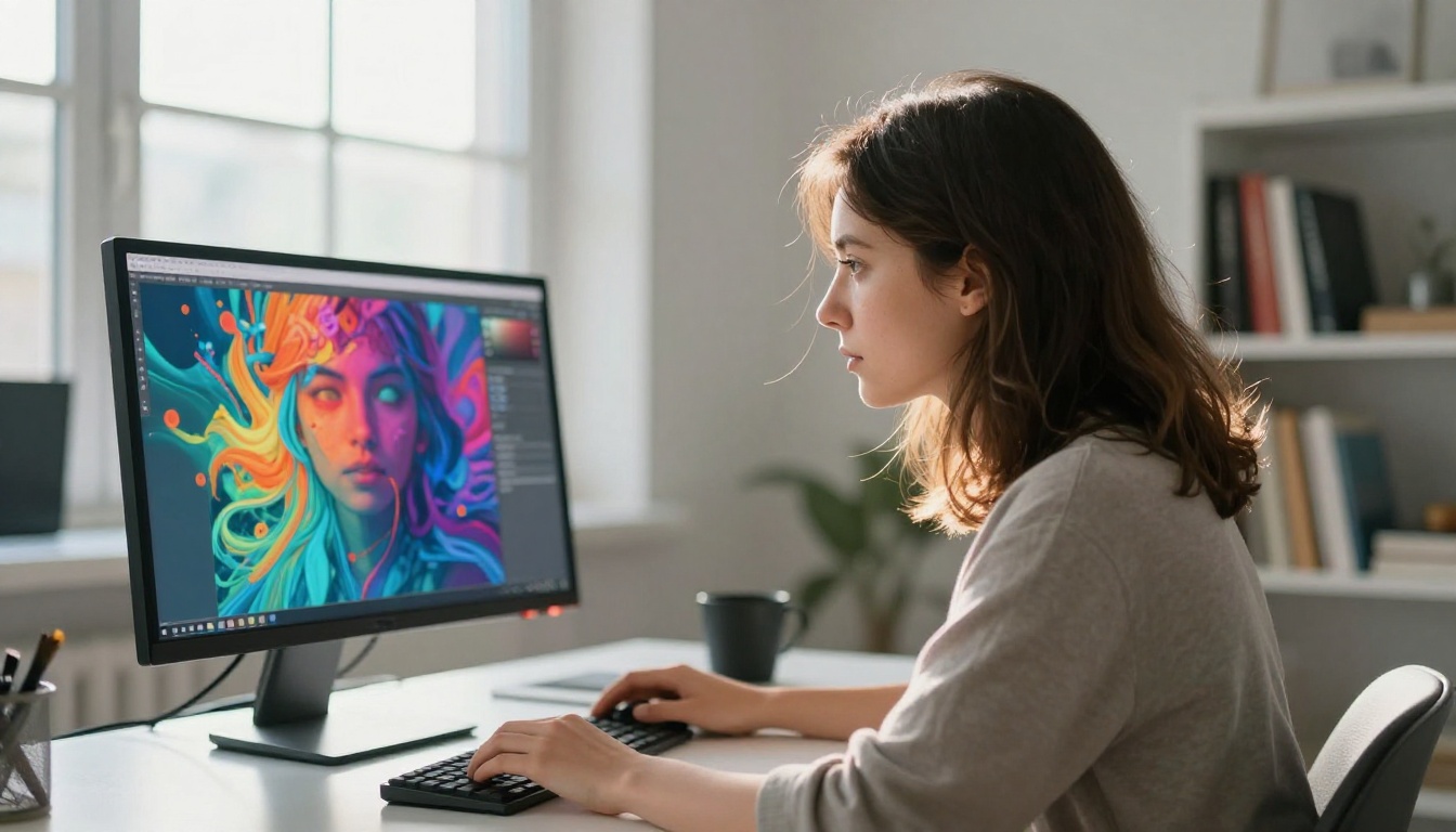 Woman studying AI-generated artwork on a large monitor