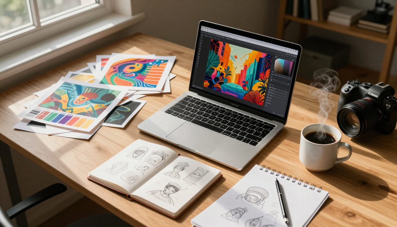 Aerial view of a creative workspace with laptop and art prints
